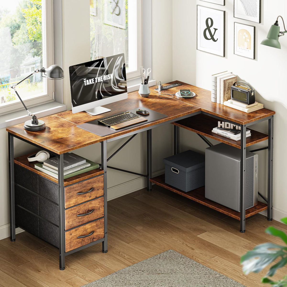 L Shaped Office Desk with Power Outlets & 3 Drawers X3807