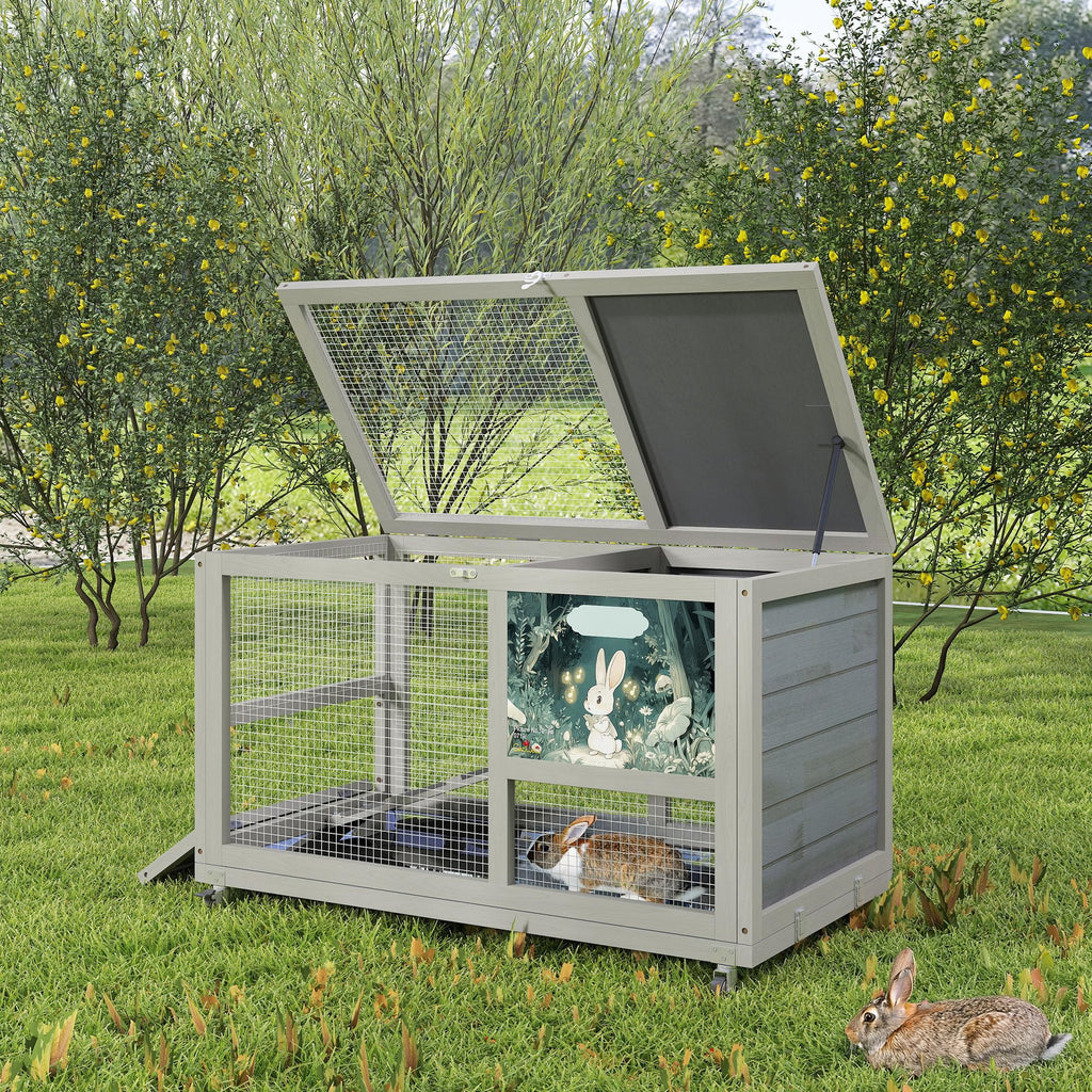 36.5" Two-Level Wooden Rabbit Hutch with Casters & Ramp Z7174