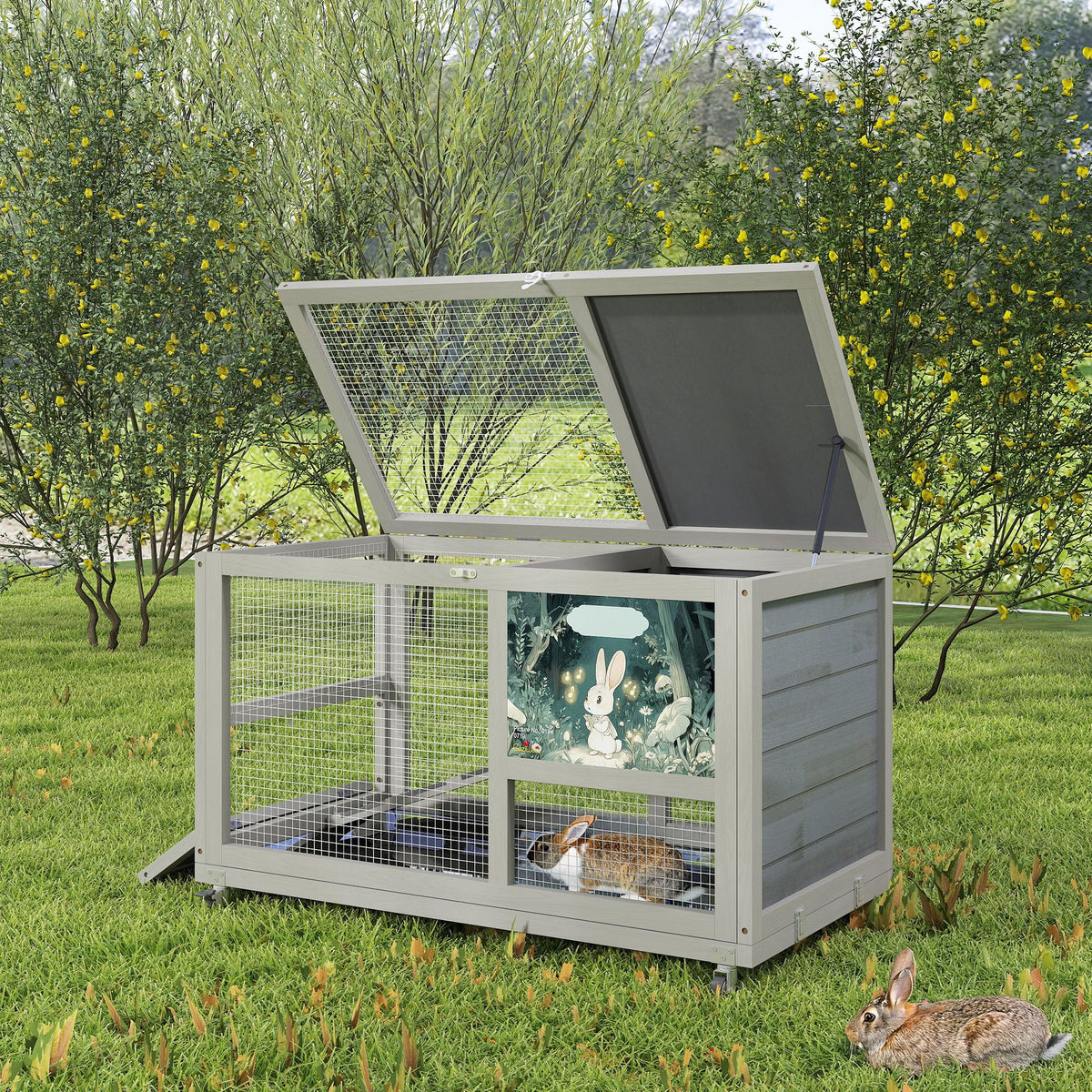 36.5" Two-Level Wooden Rabbit Hutch with Casters & Ramp Z7174